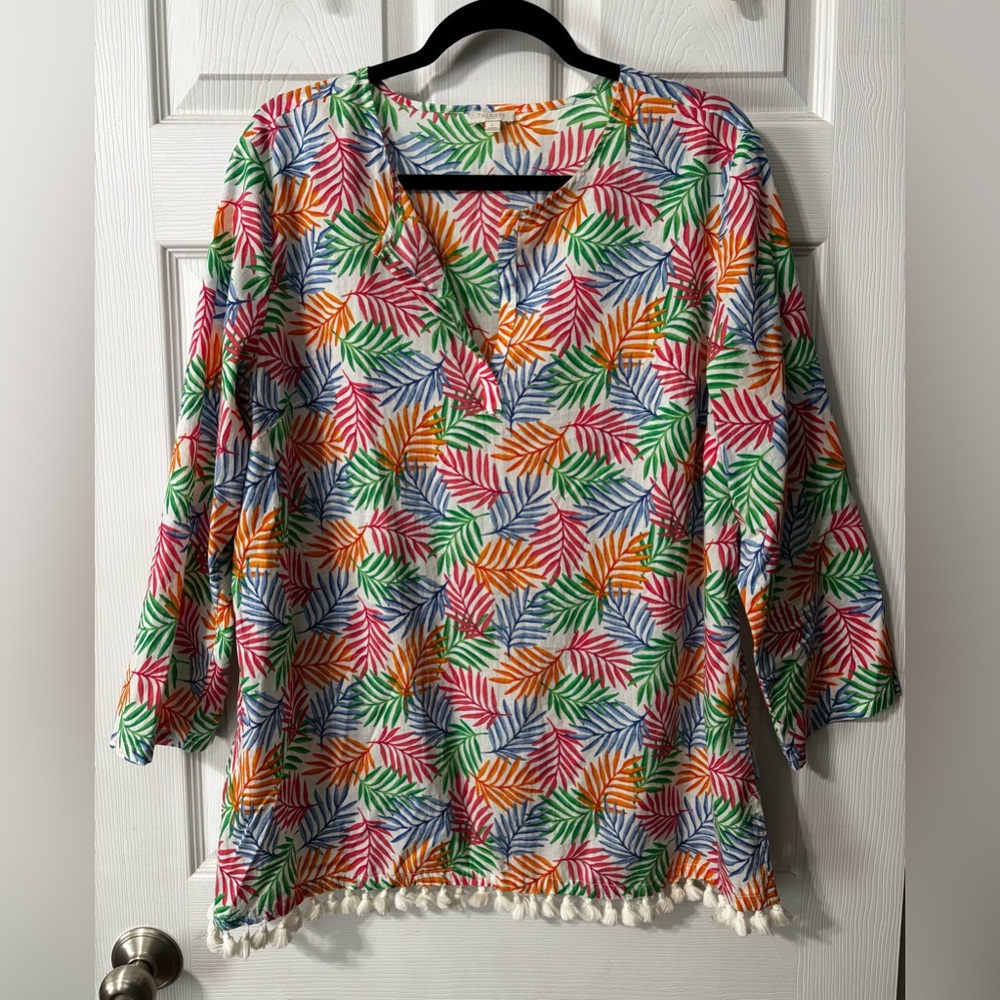 Talbots Tunic Sz Large Tasseled Coastal Cotton Beach Vacation Blouse Resort Top